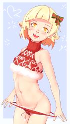 Rule 34 | 1girl, :d, bakemonogatari, bare arms, bare shoulders, blonde hair, blush, bow, christmas, cowboy shot, female focus, fur trim, hair bow, heart, highres, idle antics, kizumonogatari, looking at viewer, looking to the side, monogatari (series), navel, open mouth, oshino shinobu, outside border, panties, panty pull, pointy ears, red bow, red panties, smile, solo, stomach, teeth, underwear, upper teeth only, yellow eyes