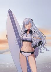 Rule 34 | 1girl, :d, ak-12 (age of slushies) (girls&#039; frontline), ak-12 (girls&#039; frontline), closed eyes, cowboy shot, girls&#039; frontline, grey jacket, highres, holding, holding surfboard, jacket, long hair, midriff, navel, ocean, open clothes, open jacket, open mouth, outdoors, sidelocks, sky, smile, solo, sports bikini, standing, sunset, surfboard, swimsuit, taiyang ami, water, white hair