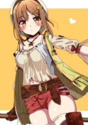 Rule 34 | 1girl, absurdres, atelier (series), atelier ryza, atelier ryza 1, bad id, bad pixiv id, belt, blush, brown eyes, brown hair, commentary request, hair ornament, hairclip, hat, heart, highres, looking at viewer, navel, red shorts, reisalin stout, short hair, short shorts, shorts, sinakyo, solo, thighhighs, thighs, white hat, white thighhighs, yellow background