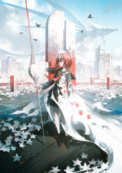 Rule 34 | 1girl, cityscape, dress, flower, highres, holding, holding staff, long hair, original, red eyes, red hair, reoen, ruins, sailor collar, solo, staff, standing, tiara, wind