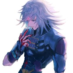 Rule 34 | 1boy, armor, blood, blood on clothes, blood on hands, blue eyes, forehead jewel, gauntlets, glowing, grey hair, highres, jin (xenoblade), long hair, male focus, parted lips, raininmoradain, short sleeves, simple background, solo, upper body, white background, xenoblade chronicles (series), xenoblade chronicles 2, xenoblade chronicles 2: torna - the golden country