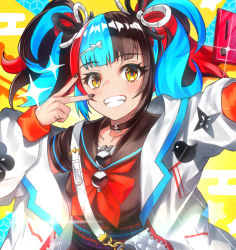 Rule 34 | 1girl, bag, black hair, black nails, black sailor collar, black shirt, blue hair, bow, commentary request, fate/grand order, fate (series), grin, hair bow, hair ornament, hairclip, jacket, long sleeves, looking at viewer, mishiro (ixtlolton), multicolored hair, nail polish, obi, puffy long sleeves, puffy sleeves, red bow, red hair, sailor collar, sash, sei shounagon (fate), shirt, shoulder bag, sleeves past wrists, smile, solo, sparkle, twintails, two-tone hair, v over eye, white bow, white jacket, yellow eyes