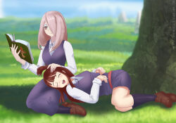 Rule 34 | 2girls, :d, amenoosa, blue sky, book, closed eyes, commentary, commission, english commentary, grimoire, hand on another&#039;s head, highres, horizon, in shadow, kagari atsuko, lap pillow, little witch academia, luna nova school uniform, multiple girls, on grass, open mouth, petting, reading, school uniform, sky, smile, sucy manbavaran, teeth, topknot, tree, under tree, upper teeth only