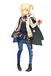 Rule 34 | 1girl, argyle, argyle clothes, argyle legwear, artist request, asymmetrical hair, black footwear, blonde hair, blue pantyhose, blue skirt, blush, bolt action, boots, box, braid, cardigan, closed mouth, full body, girls&#039; frontline, green eyes, gun, handgun, heart-shaped box, holster, integral suppressor, integrally-suppressed firearm, looking at viewer, manual firearm, official alternate costume, open cardigan, open clothes, pantyhose, pout, side ponytail, simple background, skirt, sleeves past wrists, solo, striped clothes, striped skirt, suppressor, thigh holster, weapon, welrod, welrod mk ii, welrod mkii (english in love) (girls&#039; frontline), welrod mkii (girls&#039; frontline), white background