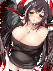 Rule 34 | 1girl, areola slip, blush, breasts, brown eyes, chain, cleavage, demon girl, devilcarnival, fang, female focus, from above, horns, huge breasts, looking at viewer, mole, mole under eye, pointy ears, simple background, solo, thighhighs, wings