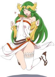 Rule 34 | 1girl, ashiomi masato, bare shoulders, breasts, dress, green hair, jewelry, kid icarus, large breasts, long hair, necklace, nintendo, open mouth, palutena, simple background, single thighhigh, smile, solo, super smash bros., thighhighs, tiara, very long hair, white background