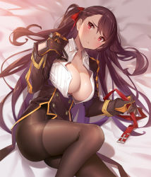 Rule 34 | 1girl, ass, black gloves, black pantyhose, blush, braid, breasts, cleavage, closed mouth, collared shirt, dress, framed breasts, frown, girls&#039; frontline, gloves, hair ribbon, half updo, hand up, hands up, holding, holding necktie, jacket, knee up, large breasts, long hair, looking at viewer, lying, necktie, no bra, no panties, on back, one side up, open clothes, open shirt, pantyhose, pelvic curtain, popqn, purple eyes, purple hair, red ribbon, ribbon, shirt, solo, striped clothes, striped shirt, swept bangs, thighband pantyhose, thighs, tsurime, unworn necktie, vertical-striped clothes, vertical-striped shirt, wa2000 (girls&#039; frontline), white shirt