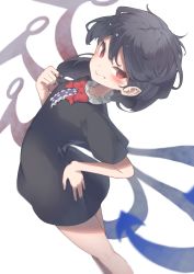 Rule 34 | 1girl, asymmetrical wings, black dress, black hair, blue wings, center frills, commentary request, dress, frilled dress, frills, garasuno, hand in own hair, hand on own hip, highres, houjuu nue, legs, medium hair, red eyes, red wings, short dress, short sleeves, simple background, solo, touhou, white background, wings