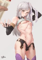 Rule 34 | 1girl, abs, bare shoulders, black panties, blunt bangs, board game, bra, breasts, closed mouth, commentary request, cup, detached collar, drinking glass, elbow gloves, fate/grand order, fate (series), gloves, go (board game), grey background, highres, long hair, muscular, muscular female, navel, panties, penthesilea (fate), peperon (peperou), sidelocks, small breasts, strapless, strapless bra, thighhighs, towel, towel on head, underboob, underwear, white hair, yellow eyes