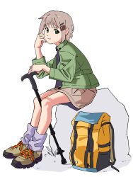 Rule 34 | 1girl, absurdres, backpack, bag, boots, brown footwear, brown hair, brown skirt, from side, full body, green eyes, green jacket, grey background, hair ornament, hairclip, hand on own face, highres, hiking pole, jacket, leaning forward, leg warmers, light smile, long sleeves, looking at viewer, looking to the side, parted lips, piezo, rock, short hair, simple background, sitting, sitting on rock, skirt, solo, unworn bag, yama no susume, yukimura aoi