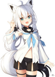 Rule 34 | 1girl, :d, ahoge, animal ear fluff, animal ears, black thighhighs, braid, commentary request, detached sleeves, eyelashes, fox ears, green eyes, hair between eyes, hand up, highres, hololive, looking at viewer, navel, open mouth, shirakami fubuki, shirakami fubuki (1st costume), shorts, single thighhigh, smile, solo, spread fingers, thigh strap, thighhighs, virtual youtuber, watermark, white hair, win opz