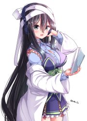 Rule 34 | 1girl, :d, bandaged head, bandaged neck, bandages, black hair, blush, book, breasts, button gap, cleavage, frilled skirt, frills, grey eyes, hair between eyes, headphones, highres, holding, holding book, ice cream mad labo, lab coat, large breasts, long hair, long sleeves, mokufuu, off shoulder, open book, open clothes, open mouth, pleated skirt, purple skirt, seika michi, simple background, skirt, smile, solo, very long hair, virtual youtuber, white background, wide sleeves