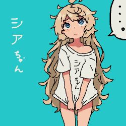 Rule 34 | ..., 1girl, ahoge, blonde hair, blue background, character name, closed mouth, female focus, jaggy lines, long hair, looking up, lowres, messy hair, original, rosia san, russia-chan (rosia san), shirt, shirt tug, simple background, solo, spoken ellipsis, t-shirt, white shirt