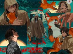 Rule 34 | !, 1boy, animal, blackbox (blackbox9158), brown hair, cloak, collared shirt, commentary request, eyebrow cut, fox, heart, heathcliff (project moon), holding, holding animal, hood, hood up, hooded cloak, jewelry, korean commentary, limbus company, looking at another, looking up, male focus, multiple views, necktie, open mouth, profile, project moon, rain, ring, scar, scar on face, shirt, speech bubble, spoken exclamation mark, surprised, sweatdrop, torn cloak, torn clothes, wet, white necktie
