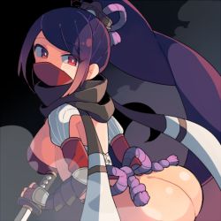 Rule 34 | 1girl, armor, ass, black hair, blush, bottomless, breasts, fingerless gloves, gloves, ikeda dinusu, leaning forward, long hair, looking at viewer, looking back, mask, nikki yakata (oshiro project), no panties, oshiro project:re, ponytail, purple hair, red eyes, revealing clothes, sideboob, solo, sword, weapon