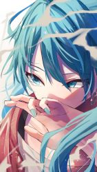 Rule 34 | 1girl, 200f (nifu), absurdres, blue eyes, blue hair, blue nails, close-up, covering own mouth, earrings, hair between eyes, hand over own mouth, hatsune miku, highres, jacket, jewelry, long hair, looking to the side, nail polish, red jacket, shirt, solo, suna no wakusei (vocaloid), vocaloid, white shirt