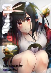 Rule 34 | 1girl, absurdres, arknights, bare legs, black hair, black jacket, blush, breasts, character name, closed mouth, closure (arknights), commentary, english text, grey background, hair between eyes, highres, jacket, kyoro ina, large breasts, long sleeves, looking at viewer, motion blur, open clothes, open jacket, originium (arknights), pointy ears, red eyes, shirt, short hair, simple background, smile, solo, squatting, t-shirt, thigh strap, thighs, twintails, v, white shirt