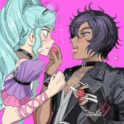 Rule 34 | 1boy, 1girl, black collar, black hair, black jacket, blue hair, collar, commentary request, dark-skinned male, dark skin, drill hair, embarrassed, feeding, food, fork, fruit, grey shirt, hair over one eye, hands up, hetero, highres, holding, holding food, holding fork, idol land pripara, jacket, katasumi amari, long hair, looking at another, mario (pripara), nervous sweating, open mouth, pink background, pink eyes, pretty series, pripara, profile, red eyes, shirt, short hair, simple background, smile, strawberry, sweat, tongue, tongue out, twin drills, twintails, upper body, yumei (jigoku101)