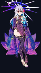 Rule 34 | 1girl, absurdres, anklet, arm behind back, armor, artist request, bikini armor, black background, blue fire, bracelet, breasts, closed mouth, collar, detached sleeves, dress, earrings, fate/grand order, fate (series), fire, floral print, flower, full body, hair ribbon, halo, highres, jewelry, kama (beast iii/l) (fate), kama (fate), kama (second ascension) (fate), legs, long hair, looking at viewer, lotus, medium breasts, metal collar, pelvic curtain, pink ribbon, purple dress, purple skirt, purple sleeves, purple thighhighs, red eyes, ribbon, sandals, silver hair, skirt, smile, solo, thighhighs, thighlet
