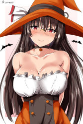 Rule 34 | 1girl, ar (lover boy), bare shoulders, black hair, blush, border, breasts, choker, choukai (kancolle), cleavage, collarbone, glasses, halloween costume, hat, highres, jack-o&#039;-lantern, kantai collection, large breasts, long hair, red eyes, rimless eyewear, smile, solo, twitter username, white border, witch hat