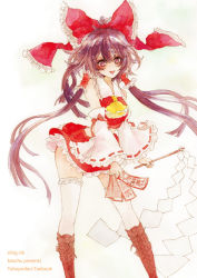 Rule 34 | 1girl, adapted costume, ascot, bad id, bad pixiv id, boots, bow, brown hair, cross-laced footwear, detached sleeves, female focus, gohei, hair bow, hair tubes, hakurei reimu, japanese clothes, lace-up boots, large bow, long hair, miko, miniskirt, ofuda, open mouth, red eyes, skirt, solo, thighhighs, touhou, very long hair, white thighhighs, yutsumoe, zettai ryouiki