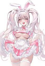 Rule 34 | 1girl, :d, alice (nikke), alternate costume, animal ears, blush, bow, bowtie, breasts, character name, enmaided, fake animal ears, frilled skirt, frills, gloves, goddess of victory: nikke, grey hair, hair between eyes, highres, long hair, looking at viewer, maid, maid headdress, medium breasts, one eye closed, open mouth, pink bow, pink bowtie, pink eyes, rabbit ears, sidelocks, simple background, skirt, smile, solo, thighhighs, thighs, twintails, underboob, uyuri (89976220), v, white gloves, white thighhighs