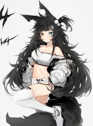 Rule 34 | 1girl, animal ear fluff, animal ears, bare shoulders, black hair, blue eyes, blush, breasts, brown eyes, choker, cleavage, closed mouth, collarbone, crop top, grey background, hair bobbles, hair ornament, heterochromia, highres, jacket, long hair, long sleeves, looking at viewer, medium breasts, midriff, navel, off shoulder, one side up, open clothes, open jacket, original, puffy long sleeves, puffy sleeves, shoes, short shorts, shorts, silver (chenwen), sleeves past wrists, solo, standing, standing on one leg, tail, tally, thighhighs, very long hair, white choker, white footwear, white jacket, white shorts, white thighhighs