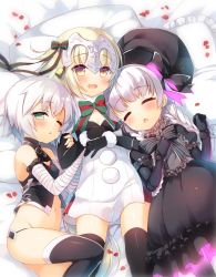 Rule 34 | 10s, 3girls, :d, arm belt, bandages, bandaged arm, bandages, bell, beret, black legwear, blonde hair, blush, bow, bowtie, braid, commentary request, cuddling, doll joints, elbow gloves, closed eyes, fate/apocrypha, fate/extra, fate/grand order, fate (series), girl sandwich, gloves, gothic lolita, green eyes, hat, headpiece, jack the ripper (fate/apocrypha), jeanne d&#039;arc alter (fate), jeanne d&#039;arc (fate), jeanne d&#039;arc (ruler) (fate), jeanne d&#039;arc alter santa lily (fate), joints, lolita fashion, looking at viewer, lying, multiple girls, navel, nursery rhyme (fate), on bed, one eye closed, open mouth, panties, petals, pillow, pom pom (clothes), sandwiched, sazaki ichiri, short hair, sleeping, smile, thighhighs, underwear, white hair, yellow eyes