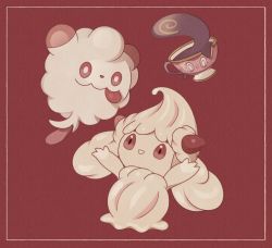 Rule 34 | alcremie, alcremie (strawberry sweet), arms up, bright pupils, closed mouth, creatures (company), film grain, framed, game freak, gen 6 pokemon, gen 8 pokemon, highres, nintendo, no humans, open mouth, pokemon, pokemon (creature), red background, red eyes, sinistea, smile, swirlix, tongue, tongue out, white pupils, yukifuri tsuyu