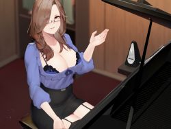 Rule 34 | 1girl, asymmetrical bangs, black skirt, blouse, borrowed character, bra, bra peek, breasts, brown eyes, brown hair, cleavage, commentary request, garter straps, glasses, hair over one eye, hayabusa, high-waist skirt, instrument, large breasts, long hair, looking at viewer, mature female, metronome, mole, mole on breast, mole under eye, original, pencil skirt, piano, puffy sleeves, purple shirt, shirt, shirt tucked in, sitting, skirt, solo, thighhighs, underwear