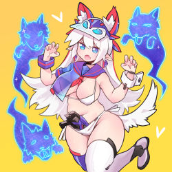 Rule 34 | 1girl, angry, animal, animal ears, asymmetrical clothes, asymmetrical footwear, asymmetrical shirt, baseball cap, blue eyes, blue footwear, blue hat, blue shirt, boots, bra, breasts, character hat, claw pose, cleavage, ditienan ddn, extra ears, fang, ghost, gun, gun in panties, hat, heart, kamen rider, kamen rider 01 (series), kamen rider vulcan, large breasts, leg up, long hair, mismatched footwear, navel, neckerchief, open mouth, panties, personification, pointy ears, red neckerchief, rider-tan, see-through, shirt, shooting wolf, short sleeves, shot riser, side-tie panties, sparkle, standing, standing on one leg, tail, thigh boots, thighhighs, tongue, tongue out, underwear, visor cap, weapon, white bra, white footwear, white hair, white panties, wolf, wolf ears, wolf girl, wolf tail, wrist cuffs, yellow background