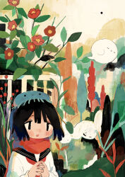 Rule 34 | 1girl, absurdres, black eyes, black hair, black sailor collar, blush, commentary request, fence, flower, ghost, highres, interlocked fingers, jellyfish, long sleeves, looking at viewer, mamei mema, neckerchief, open mouth, original, outdoors, own hands together, plant, red flower, red neckerchief, red scarf, sailor collar, sailor shirt, scarf, school uniform, serafuku, shirt, short hair, solo, tareme, upper body, white shirt