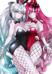 Rule 34 | 2girls, animal ears, ass, baobhan sith (fate), bare shoulders, black bow, black bowtie, black leotard, blue eyes, bow, bowtie, breasts, card, cleavage, closed mouth, commentary request, covered navel, detached collar, fate/grand order, fate (series), fishnet pantyhose, fishnets, frown, grey eyes, hair bow, hair ornament, hand on another&#039;s hip, hand on another&#039;s shoulder, high heels, highres, large breasts, leotard, long hair, looking at viewer, morgan le fay (fate), mother and daughter, multiple girls, nail polish, pantyhose, pink hair, playboy bunny, playing card, pointy ears, ponytail, rabbit ears, red bow, red bowtie, red footwear, red leotard, red nails, satou nui, sidelocks, smile, thighs, very long hair, white background, white hair, white wrist cuffs, wrist cuffs