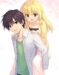Rule 34 | 1boy, 1girl, black hair, blonde hair, blue eyes, blush, brother and sister, carrying, casual, chitose haruki, chitose sana, cofetaru, collarbone, collared shirt, commentary, dress, dress shirt, eyes visible through hair, feet out of frame, green shirt, grin, hair between eyes, hair down, hair intakes, hands on another&#039;s shoulders, highres, jacket, long hair, long sleeves, looking at another, open clothes, open jacket, open mouth, piggyback, pink dress, shirt, short hair, siblings, sidelocks, simple background, smile, spiked hair, surprised, sweatdrop, teeth, tenshinranman, upper body, upper teeth only, v-shaped eyebrows, white background, white shirt, yellow jacket