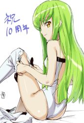 Rule 34 | 1girl, ass, back, back cutout, bare shoulders, boots, breasts, c.c., clothing cutout, code geass, dressing, green hair, kawakami rokkaku, leotard, long hair, looking at viewer, looking back, putting on shoes, shoes, single boot, single shoe, sitting, small breasts, smile, solo, thigh boots, thighhighs, unworn boot, unworn boots, white footwear, white thighhighs, yellow eyes