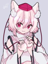 Rule 34 | 1girl, :3, akuta neko, animal ear fluff, animal ears, bare shoulders, closed mouth, grey background, highres, inubashiri momiji, looking at viewer, navel, pom pom (clothes), red eyes, shirt, short hair, signature, simple background, smile, solo, touhou, white hair, white shirt, white sleeves, wolf ears, wolf girl