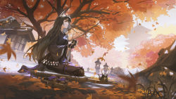 Rule 34 | 1girl, absurdres, animal ear fluff, animal ears, architecture, arknights, autumn, autumn leaves, black gloves, black hair, black kimono, brown eyes, closed mouth, cup, dango, day, dog ears, east asian architecture, falling leaves, fingerless gloves, food, unworn footwear, from side, full body, geta, gloves, highres, holding, holding cup, huge filesize, japanese clothes, kimono, knee pads, leaf, long hair, maple leaf, outdoors, pagoda, pot, saga (arknights), sandals, unworn sandals, seiza, sitting, smile, solo, stone lantern, ttk (kirinottk), very long hair, wagashi