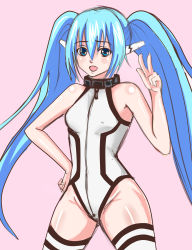 Rule 34 | 1girl, absurdres, angel pena (angelox), blue eyes, blue hair, breasts, collar, groin, hand on own hip, highres, leotard, long hair, matching hair/eyes, nymph (sora no otoshimono), robot ears, small breasts, solo, sora no otoshimono, thighhighs, twintails, v, very long hair