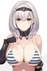 Rule 34 | 1girl, arm guards, bare shoulders, bikini, black gloves, blue bikini, blush, breasts, cleavage, collarbone, detached collar, elbow gloves, enosan, fingerless gloves, gloves, green eyes, grey hair, hairband, highres, hololive, large breasts, looking at viewer, shirogane noel, short hair, simple background, solo, striped bikini, striped clothes, swimsuit, virtual youtuber, white background