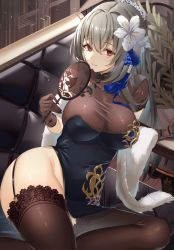 Rule 34 | 1girl, azur lane, black dress, breasts, brown thighhighs, cleavage, couch, dress, flower, fur trim, garter straps, grey hair, hair between eyes, hair flower, hair ornament, hand fan, highres, holding, holding fan, large breasts, library, long hair, looking at viewer, official alternate costume, on couch, red eyes, saint-louis (alluring administrator) (azur lane), saint-louis (azur lane), see-through, see-through cleavage, sg (satoumogumogu), sitting, solo, thighhighs
