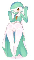Rule 34 | 1girl, absurdres, against wall, alternate color, anus, aqua hair, aqua skin, artist name, ass, blush, breasts, brown eyes, cleft of venus, colored skin, creatures (company), female focus, from behind, full body, game freak, gardevoir, gen 3 pokemon, hands up, highres, kneepits, leg up, looking at viewer, looking back, multicolored skin, nintendo, open mouth, pokemon, pokemon (creature), presenting, pussy, red eyes, scorci, shiny pokemon, short hair, signature, simple background, small breasts, solo, sparkle, standing, standing on one leg, two-tone skin, uncensored, white background, white skin