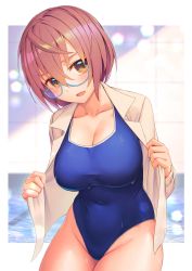1girl, :d, bangs, blue-framed eyewear, blue swimsuit, blush, breasts, brown eyes, brown hair, cleavage, collarbone, collared shirt, commentary request, competition swimsuit, covered navel, cowboy shot, eyebrows visible through hair, glasses, groin, hair between eyes, hair ornament, hatsukoi limited, highres, large breasts, leaning forward, long sleeves, looking at viewer, one-piece swimsuit, open clothes, open mouth, open shirt, rotix, semi-rimless eyewear, shirt, short hair, smile, solo, standing, swimsuit, thighs, watase meguru, water, white background