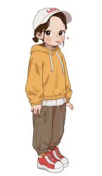 Rule 34 | 1girl, absurdres, baseball cap, blush, brown eyes, brown hair, brown pants, child, commentary, drawstring, english commentary, full body, hat, heart, highres, hood, hood down, hoodie, long sleeves, looking at viewer, opossumachine, orange socks, original, pants, puffy long sleeves, puffy sleeves, red footwear, shoes, short hair, simple background, sneakers, socks, solo, standing, tachi-e, tongue, tongue out, white background, yellow hoodie