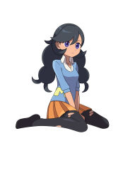 Rule 34 | 1girl, absurdres, asatsuki (fgfff), black hair, black pantyhose, blue sweater, closed mouth, collarbone, collared shirt, commentary request, creatures (company), emma (pokemon), eyelashes, game freak, highres, long hair, nintendo, orange skirt, pantyhose, pleated skirt, pokemon, pokemon xy, purple eyes, shirt, sitting, skirt, sleeves past elbows, solo, sweater, torn clothes, torn pantyhose, twintails, white shirt