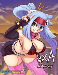 Rule 34 | 1girl, absurdres, ashe (mega man), bikini, bikini top only, blue hair, breasts, capcom, cleavage, cosplay, fingerless gloves, gloves, green eyes, grin, hand on leg, hand on own leg, hand on own thigh, hand on thigh, highres, large breasts, leaning forward, legs, mega man (series), mega man zx, mega man zx advent, midriff, navel, ponytail, shorts, smile, solo, swimsuit, tengen toppa gurren lagann, thick thighs, thighs, v, yoko littner, yoko littner (cosplay)