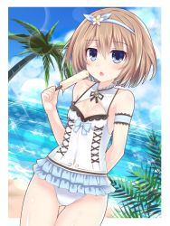 Rule 34 | 1girl, adapted costume, bare shoulders, beach, bikini, blanc (neptunia), blue eyes, blurry, blush, bokeh, breasts, brown hair, cleavage cutout, clothing cutout, cross-laced clothes, day, depth of field, food, frilled bikini, frills, headband, highres, kazuneko (wktk1024), neptune (series), one-piece swimsuit, open mouth, outdoors, palm tree, popsicle, shiny skin, small breasts, sparkle, swimsuit, tree