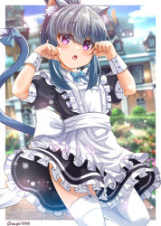Rule 34 | 1girl, absurdres, animal ears, apron, arms up, artist name, blue hair, bow, building, cat ears, cat tail, cloud, day, dot nose, female focus, garter straps, highres, looking at viewer, maid, maid apron, open mouth, outdoors, purple eyes, shima rin, sky, solo, tail, thighhighs, white thighhighs, wrist cuffs, yomo, yurucamp