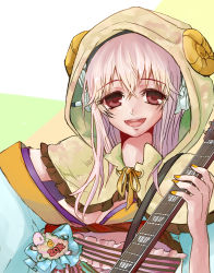 Rule 34 | 10s, 1girl, 2015, absurdres, botsuo (sesusama), breasts, electric guitar, guitar, headphones, highres, hood, horns, instrument, large breasts, long hair, looking at viewer, nitroplus, open mouth, pink hair, red eyes, sheep horns, smile, solo, super sonico