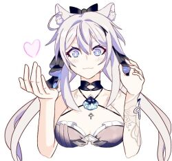 Rule 34 | 1girl, :3, bare shoulders, black bow, black choker, blue eyes, blush, bow, breasts, choker, cleavage, commentary request, criss-cross halter, hair bow, halterneck, hands up, heart, honkai (series), honkai impact 3rd, kemonomimi mode, kiana kaslana, large breasts, long hair, looking at viewer, revision, smile, solo, upper body, very long hair, white hair, yuu (yu 12317)