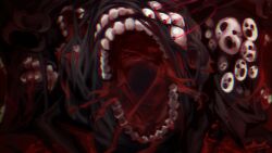 Rule 34 | blood, chromatic aberration, commentary request, extra eyes, extra teeth, highres, horror (theme), lobotomy corporation, monster, mountain of smiling bodies, no humans, project moon, ribiadan, tagme